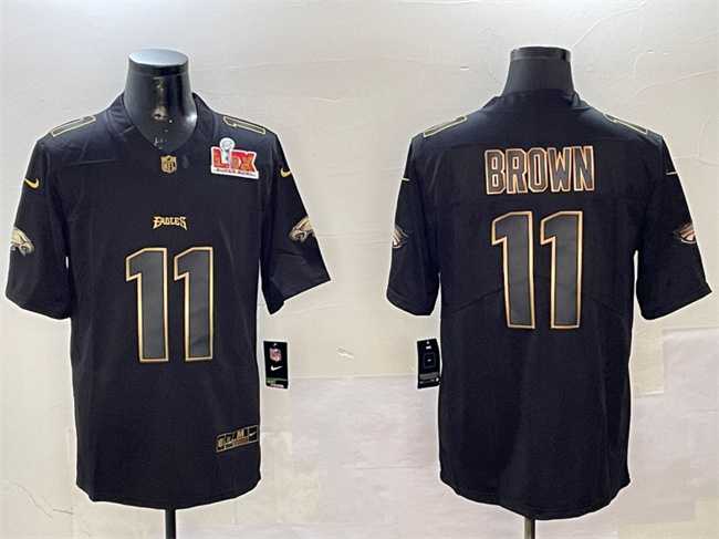 Men%27s Philadelphia Eagles #11 A. J. Brown Black Gold 2025 Super Bowl LIX Patch Vapor Untouchable Limited Stitched Jersey